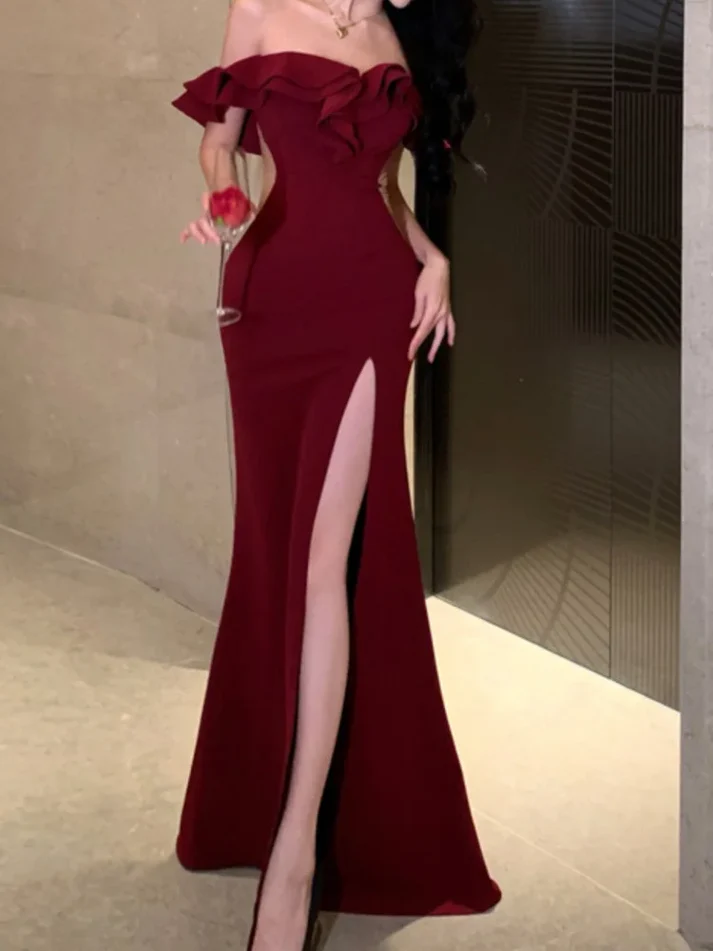 Stylish Burgundy Off The Shoulder Satin Slit Mermaid Evening Dress Long Wedding Guest Dress