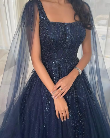 Sexy Ball Gown Navy Blue Tulle Long Sequin Prom Dresses Long Party Dress