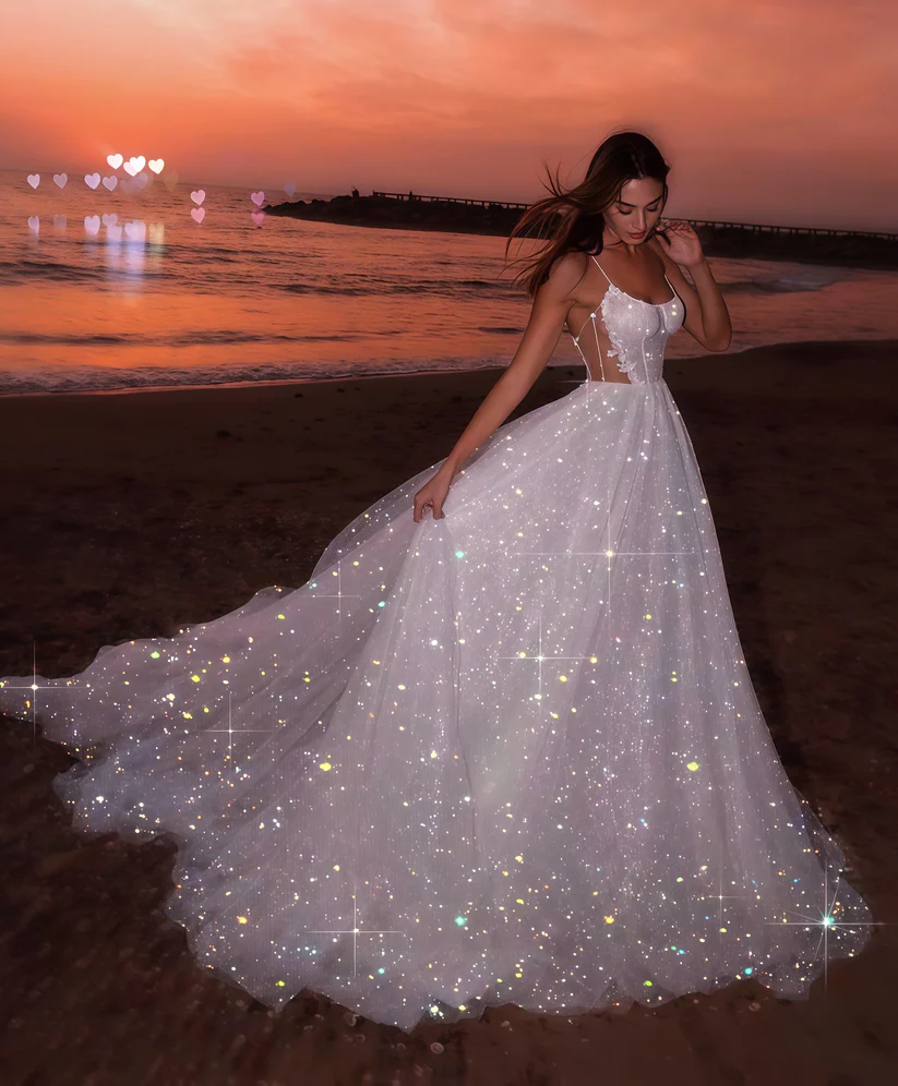 Sparkly Shite Tulle Sequins Prom Dress,Long A Line Wedding Dress Evening Dress