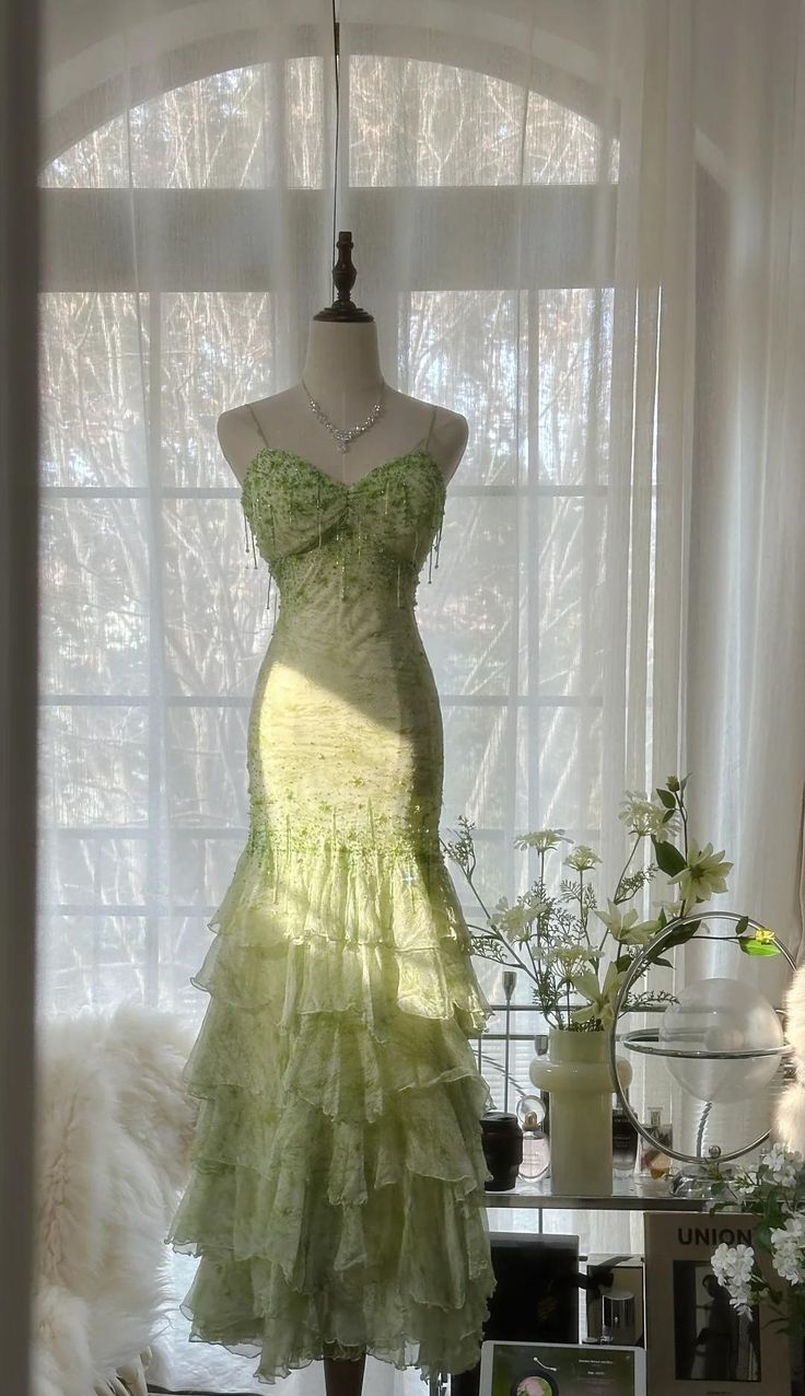 Classy Light Green Chiffon Beaded Mermaid Evening Dress,Spaghetti Straps Multi Layered Party Prom Dress