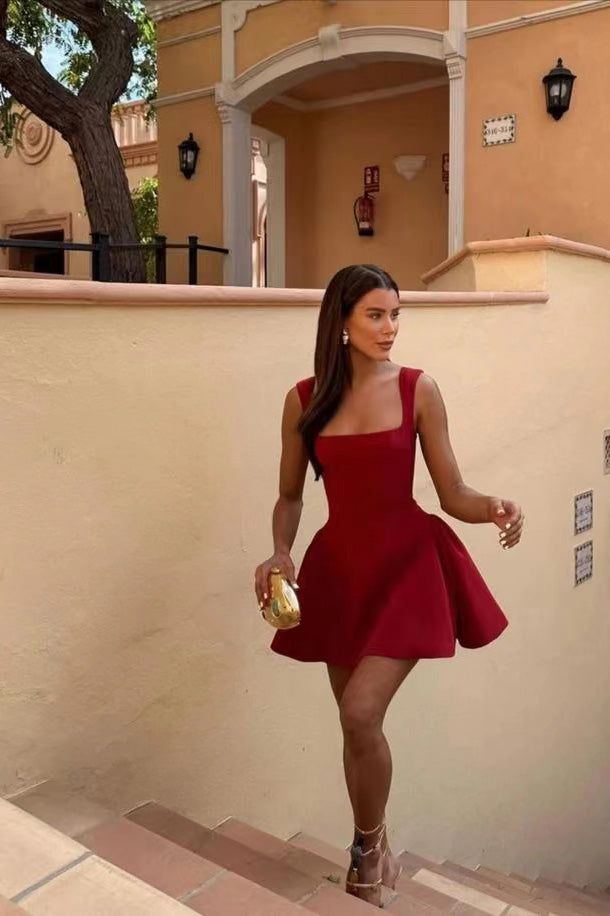 Elegant Burgundy Square Neck Mini Cocktail Dress A-Line Short Homecoming Dress