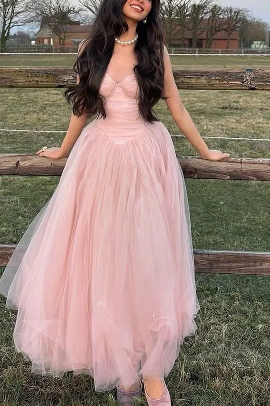 Elegant Pink Spaghetti Straps Tulle A Line Long Party Dress Wedding Guest Dress