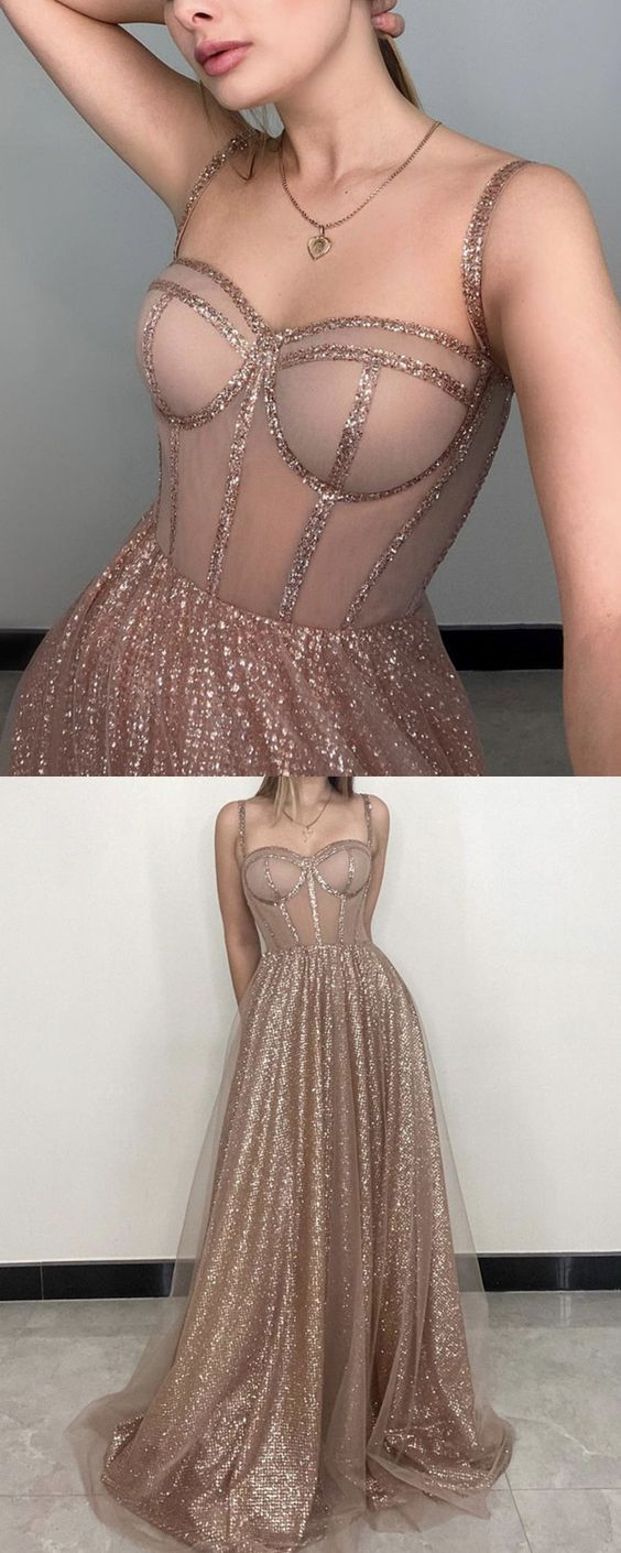 Sparkly Sweetheart Spaghetti Straps Evening Dress for Women Long Prom Dresses
