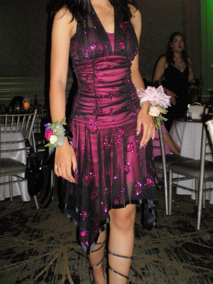 Sparkly Halter Hot Pink Satin tulle Sequin Short Prom Dress Formal Graduation Homecoming Dress