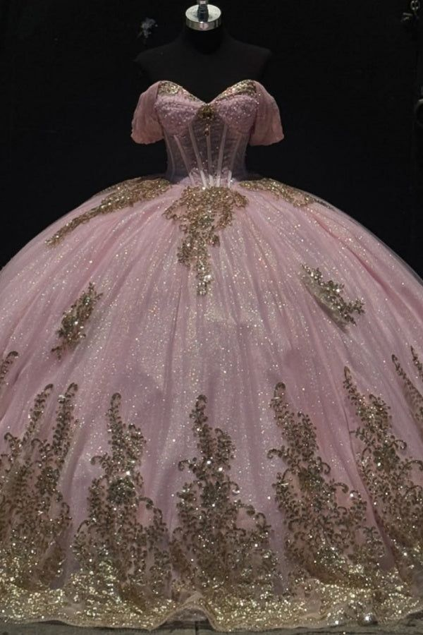 Glitter Pink Tulle Sequins Sweet 16 Ball Gown Off The Shoulder Quinceanera Dress