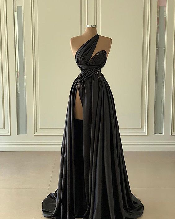Sexy Black One Shoulder Prom Dress With High Slit
