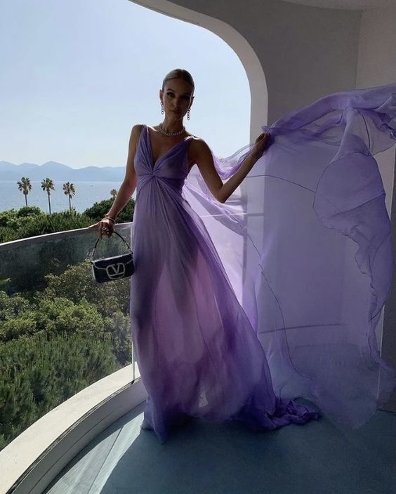 Sexy V Neck Lilac Tulle Prom Dress Long Party Evening Gown