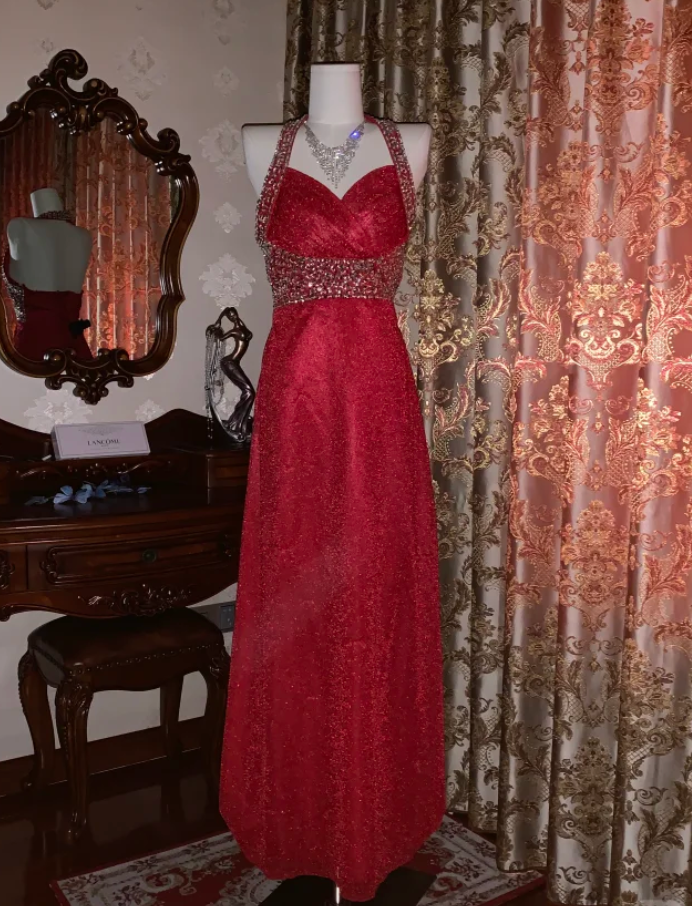 Glitter Halter Red Tulle Sequin Beaded A Line Long Party Dress Evening Dress