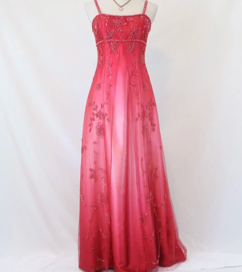 Elegant Spaghetti Straps Ombre Pink Satin Beaded Long Party Dress Formal Evening Dress
