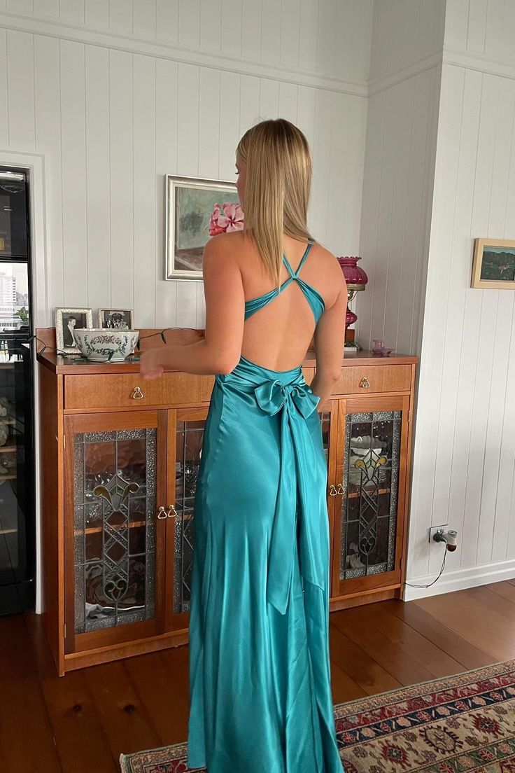 V Neck Green Backless Long Prom Dress Sexy Party Evening Dress