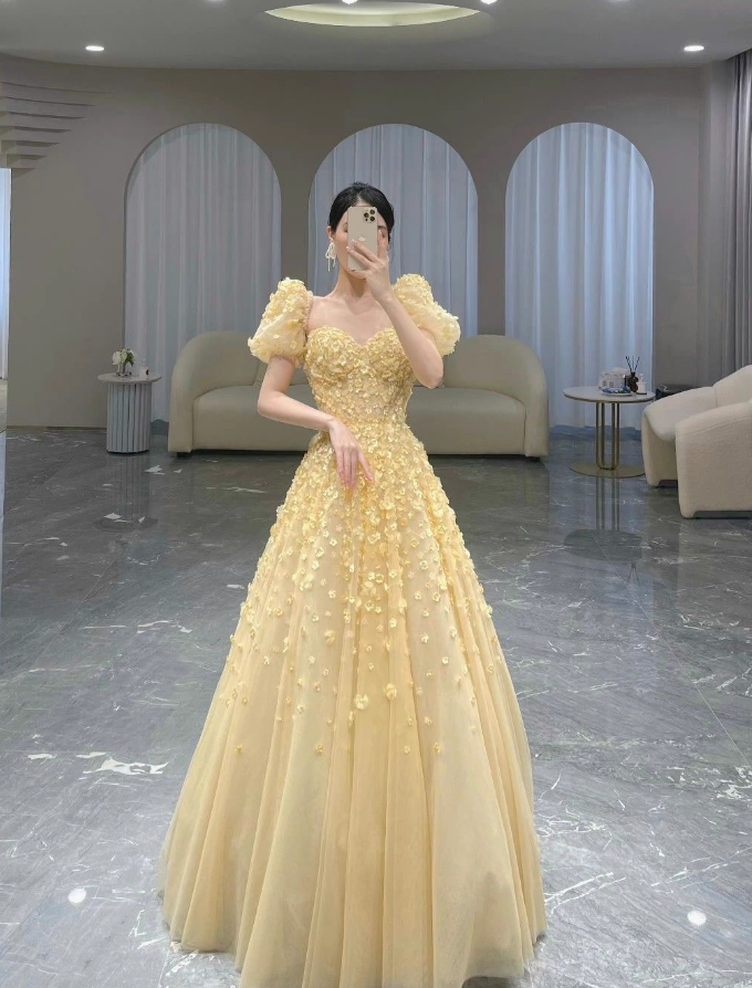 Charming Yellow A-line Puffy Sleeves Floral Prom Dress,Fairy Dress