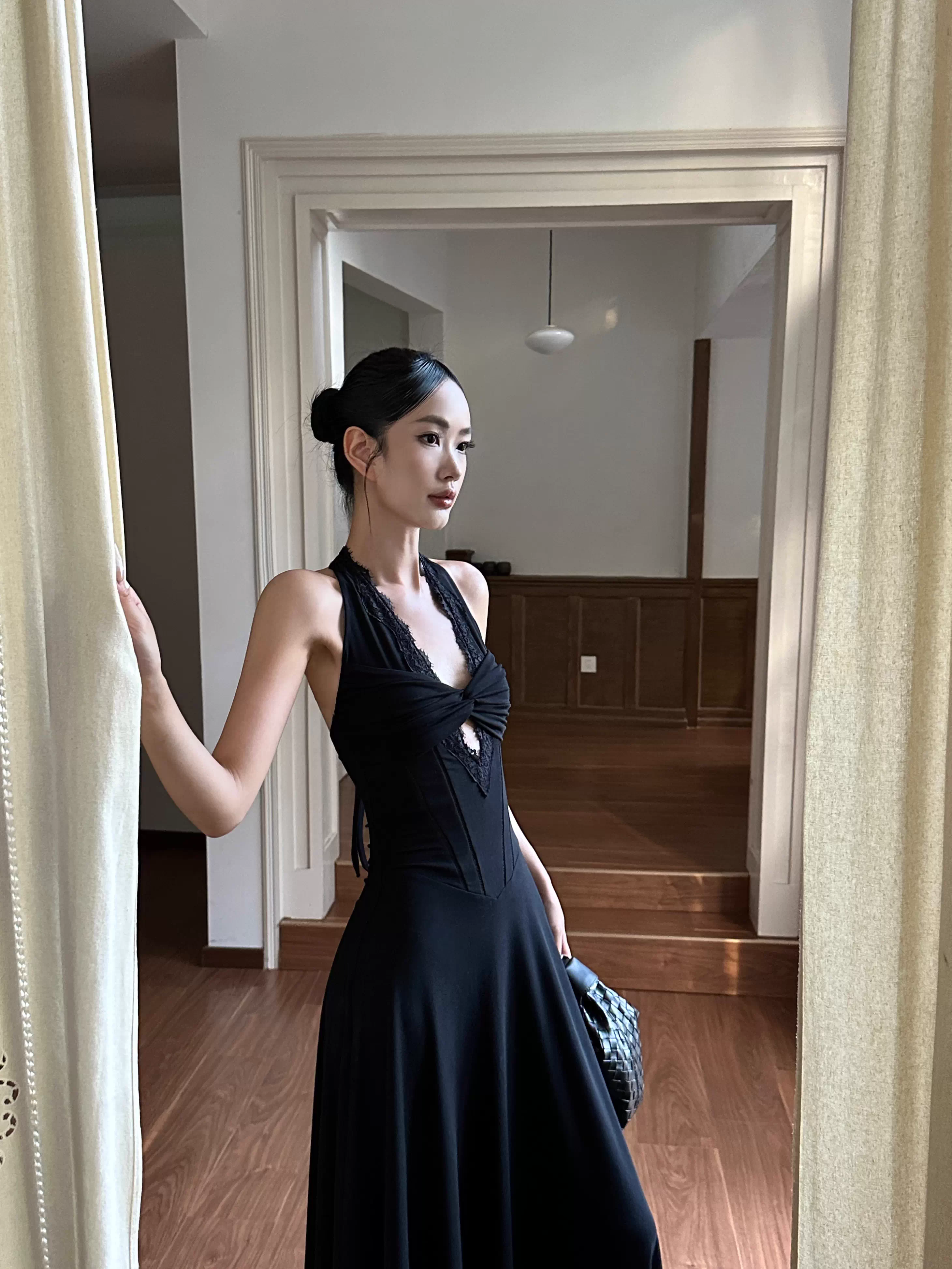 Sexy Black Halter Satin A Line Long Birthday Party Dress Evening Dress Formal Wedding Guest Dress