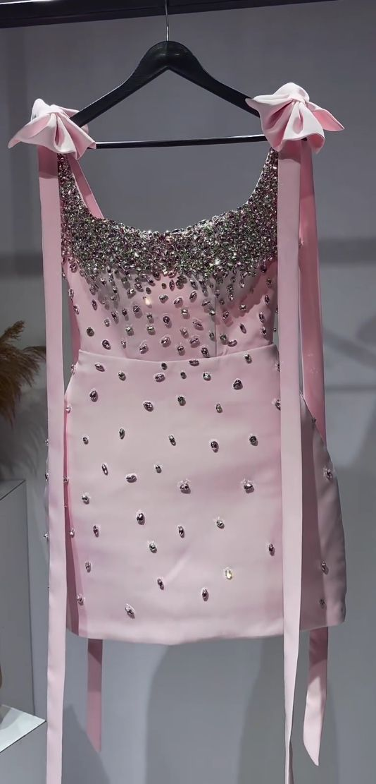 Stylish Pink Bow Straps Sheath Satin Beaded Cocktail Dress Formal Short 8th Grade Homecoming Dress