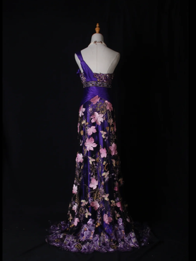 Charming Purple One Shoulder Satin Pleated Beaded Mermaid Prom Dress Evening Gown With Embroidery Appliques