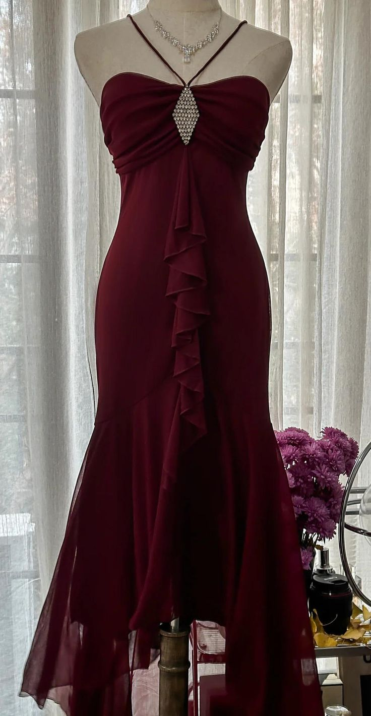 Burgundy Mermaid Chiffon Strapless Prom Dress Graduation Party Dress