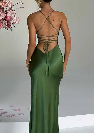 Simple Green V Neck Slit Party Evening Gown Long Backless Prom Dress
