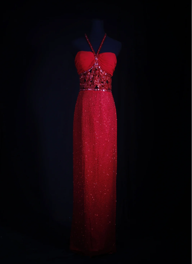Pretty Red Halter Chiffon Beaded Sheath Long Prom Dress Birthday Evening Dress