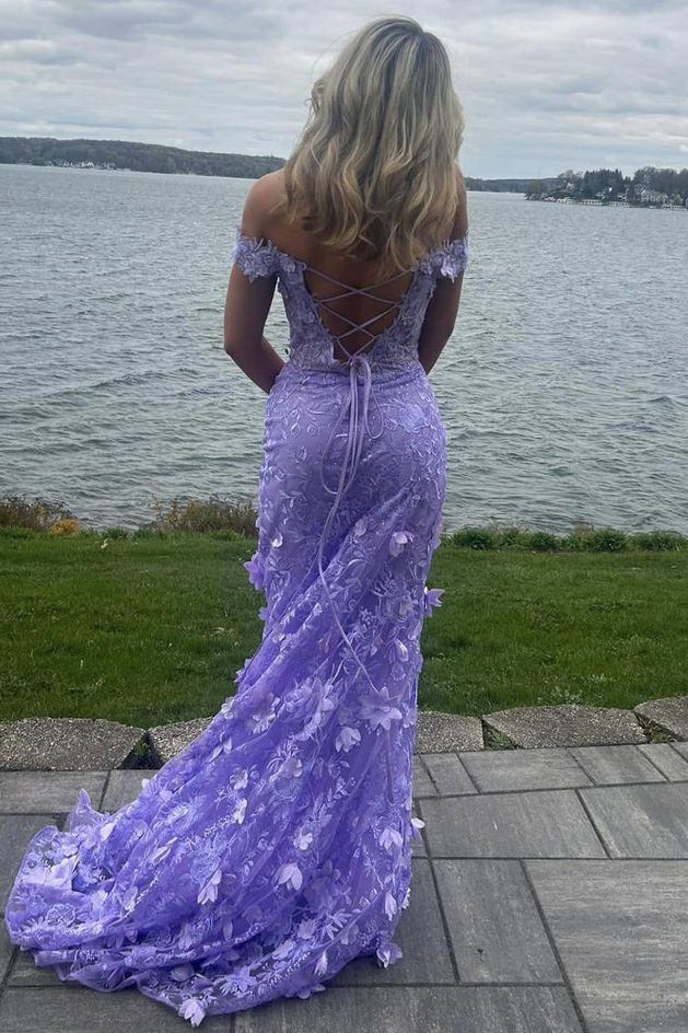 Purple Off The Shoulder Tullelace Appliques Evening Dress Slit Mermaid Party Dress