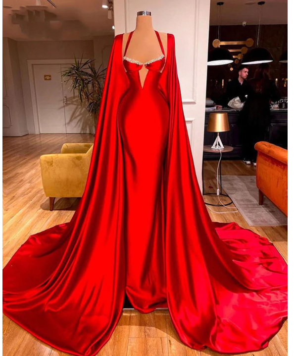 Elegant Red Satin Mermaid Prom Dresses with Long Scarves High Side Formal Evening Gowns