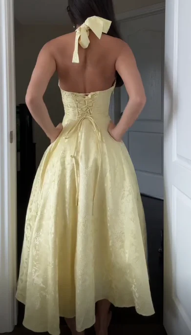 Deep V Neck Yellow Satin Print Floral Party Evening Gown Halter Prom Dress