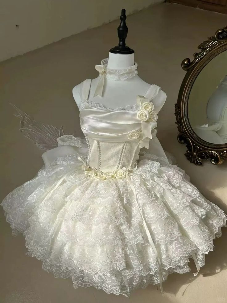 Classy Beige Floral Design Lace Layered Princess Birthday Dress With Big Bow
