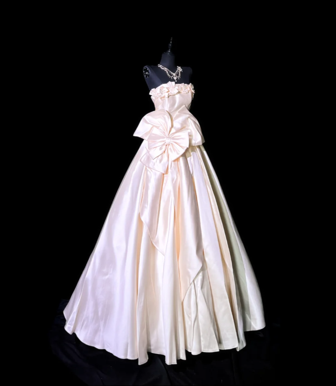 Cute Strapless Bow Satin Long Birthday Party Dress Evening Dress