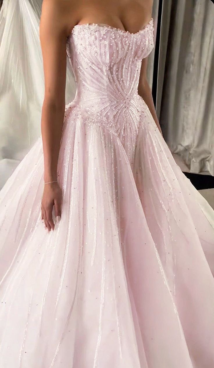 Glamorous Strapless Pink Tulle Beaded Long Wedding Dress Formal Bridal Dress