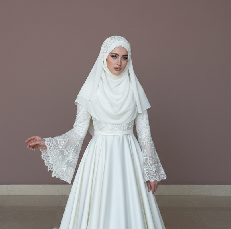 Cape Wedding Dress Muslim Matching Hijab Modest Lace Applique