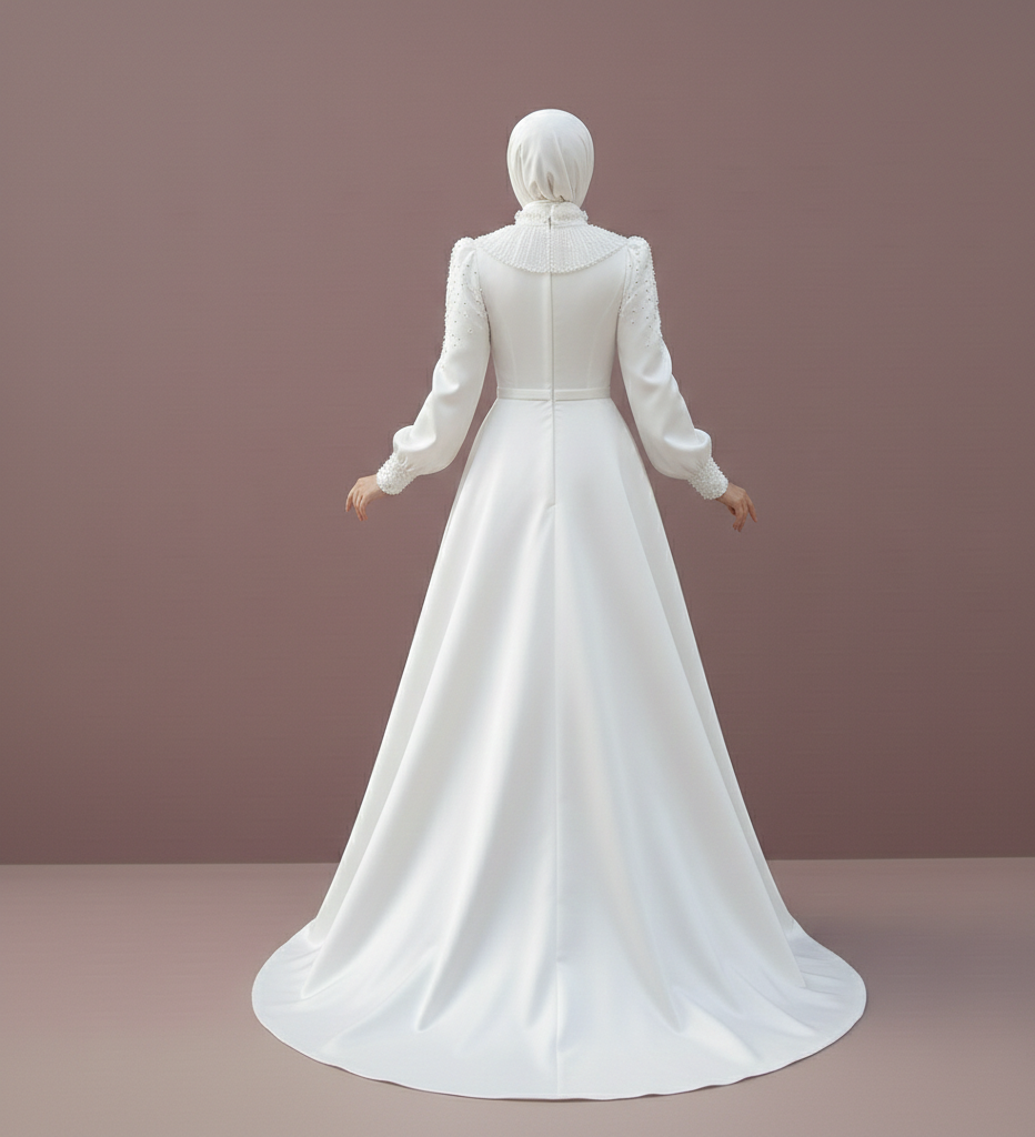Full Coverage Wedding Dress Muslim Modest Long Train Satin Wear