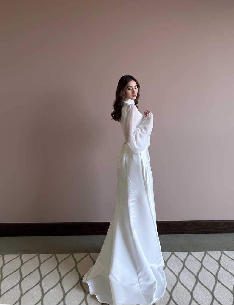 Traditional Muslim Mermaid Wedding Dress Modest High Neckline Gown