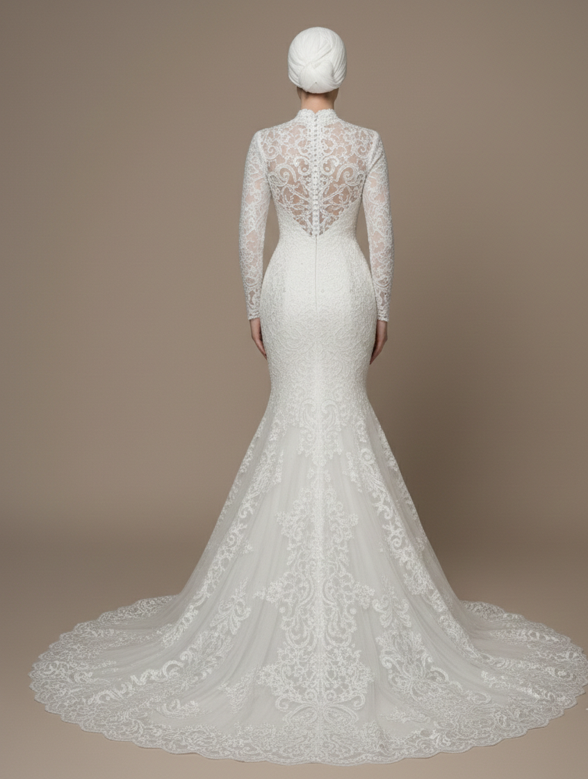 Muslim Lace Wedding Dress Closed Back Modest High Neck Bridal Wear