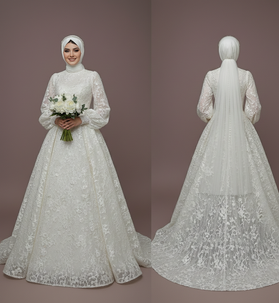 Modest Romantic Tulle Wedding Dress Muslim Style Princess Gown