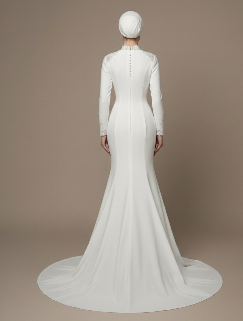 Modern Muslim Silk Wedding Dress Modest Long Sleeve Minimalist Gown