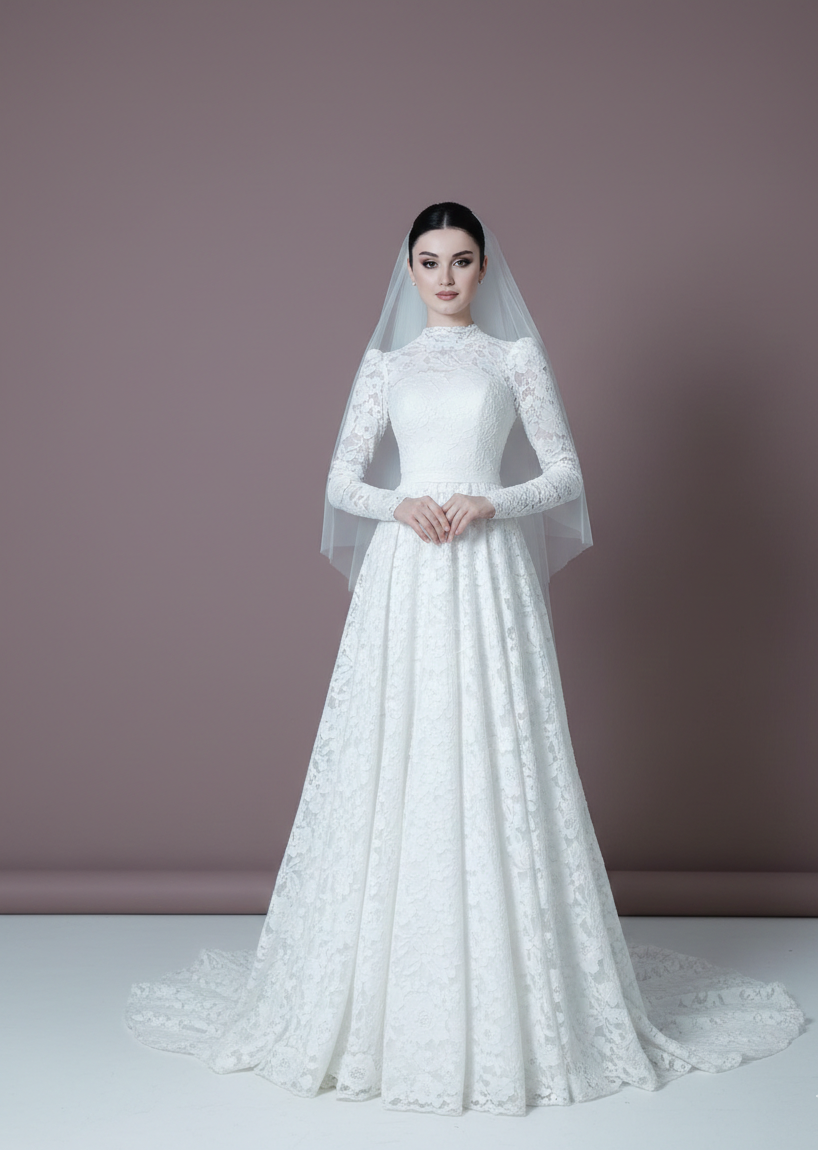 Long Sleeve Muslim Wedding Dress Embroidered Modest Scalloped Edge
