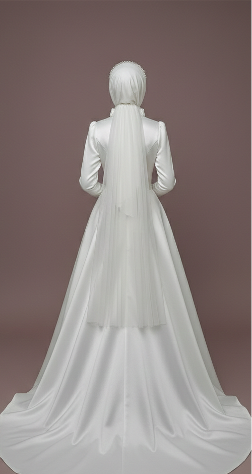 Modest Satin Ball Gown Wedding Dress Muslim Royal High Neckline