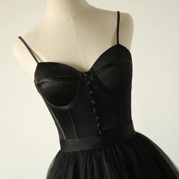 Ball Gown Spaghetti Straps Black Tulle Prom Dress Long Brush/Sweep Train Prom Dress