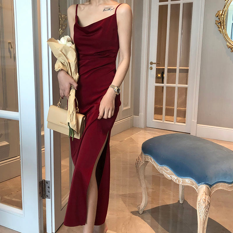 French Retro Sexy Swing Neck Sling Skirt Burgundy Prom Dress,Spaghetti Straps Classic Prom Dress