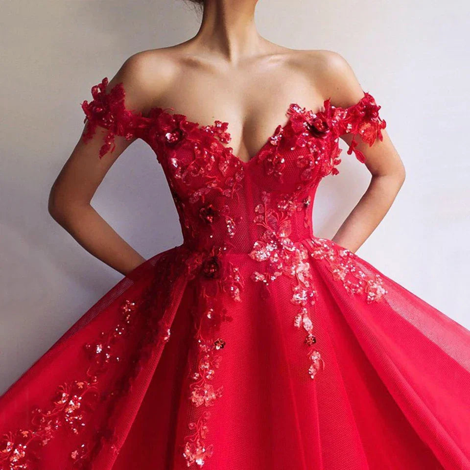Customized Red Off The Shoulder Prom Dresses Women Formal Party Night Vestidos A-Line Appliques Sequins Tulle Evening Gowns
