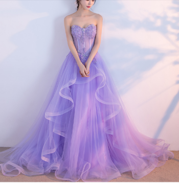 Lilac Sweetheart Tulle Prom Dress Beaded Sequined Princess Prom Dress