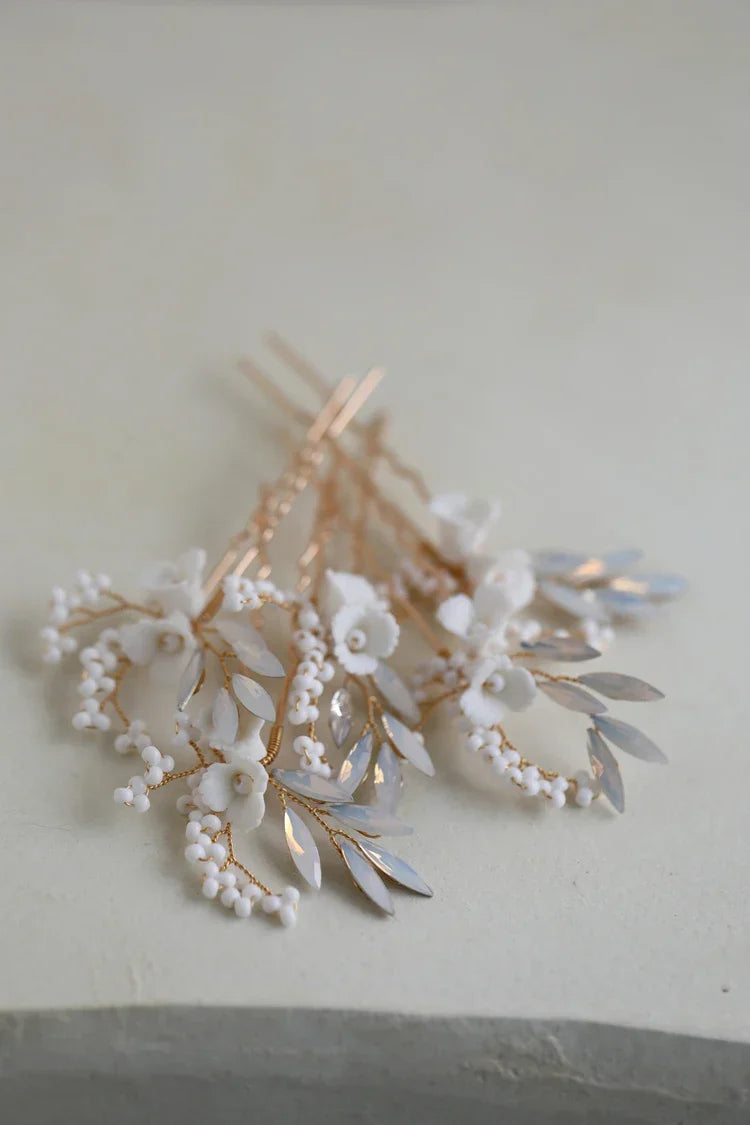 Porcelain Flower Hair Pins Clips Opal Head Pieces Gold Silver Color Hairpins For Brides Women Bridal Jewelry Wedding Accessories