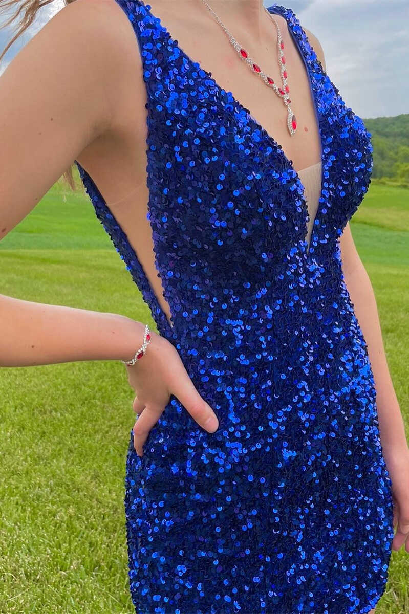 Purple Sequins Plunge Mini Homecoming Dress Open Back Homecoming Dress