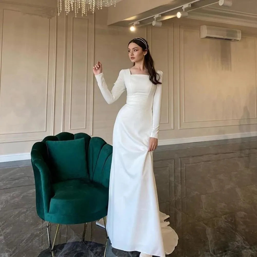 CustomizeSimple Sheath Long Sleeves Wedding Dress Soft Satin Square Neck Buttons Floor Length Elegant Women Bride Formal Dresses WHITE