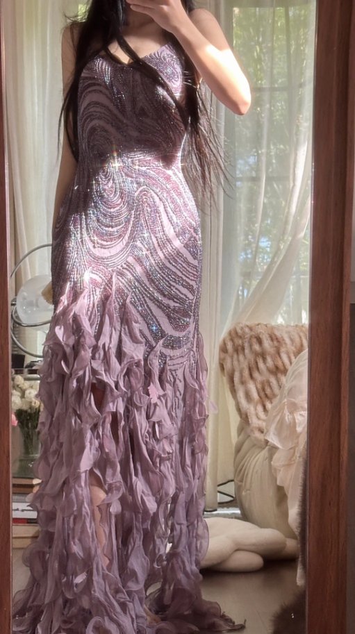 Vintage Purple Spaghetti Straps Chiffon Beaded Ruffles Mermaid Long Party Dress Birthday Prom Dress