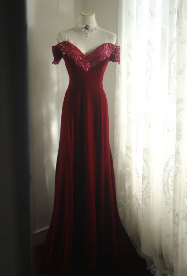 Classy Off The Shoulder Red Velvet Mermaid Long Evening Dress Formal Birthday Prom Dress