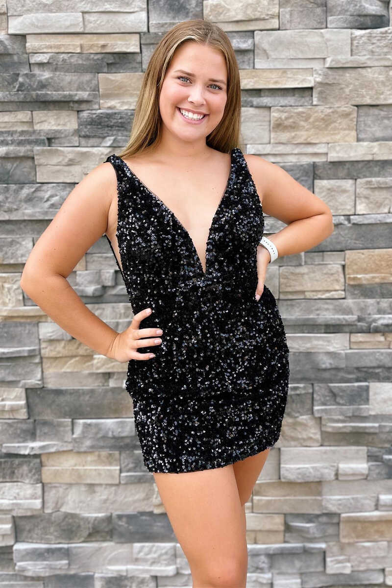 Purple Sequins Plunge Mini Homecoming Dress Open Back Homecoming Dress