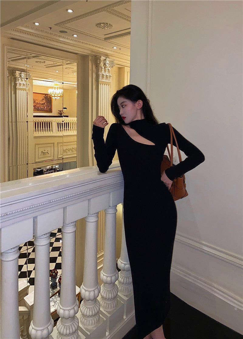 Black Sexy Off Shoulder Dress Women Vintage Elegant Highneck All Match Long Sleeve Bodycon Dresses Femme Party Dress Black Prom Dress