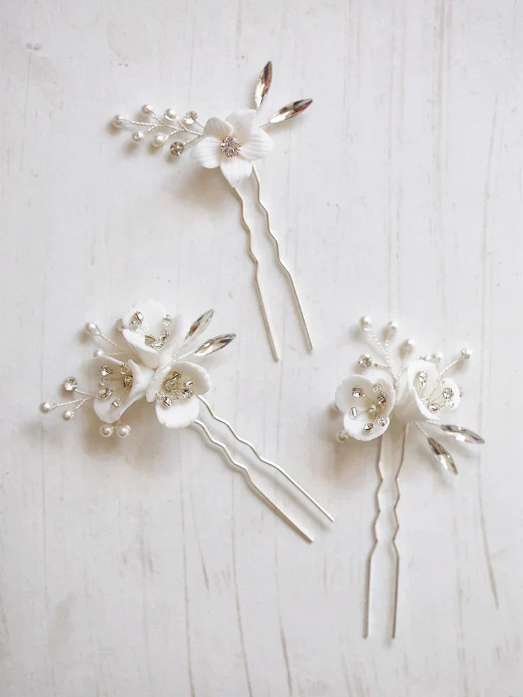 Wedding Accessories Rhinestones Crystal Head Pieces Porcelain Flower Hair Pins Clips Hairpins Brides Headdress Bridal Jewelry silver color
