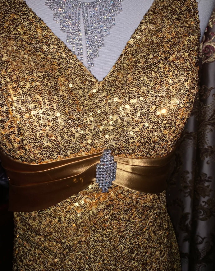 Glitter V Neck Sequin Beaded Gold Mermaid Party Dress Long Evening Dress