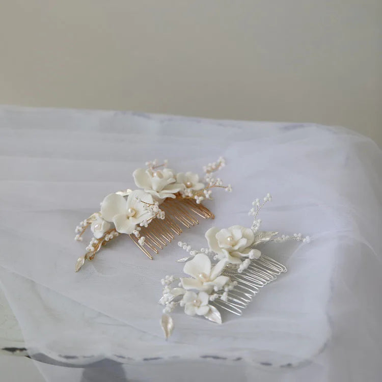 Porcelain Flower Leaf Hair Combs Clips Pearls Beaded Hairpins For Brides Women Headpieces Bridal Jewelry Wedding Accessories
