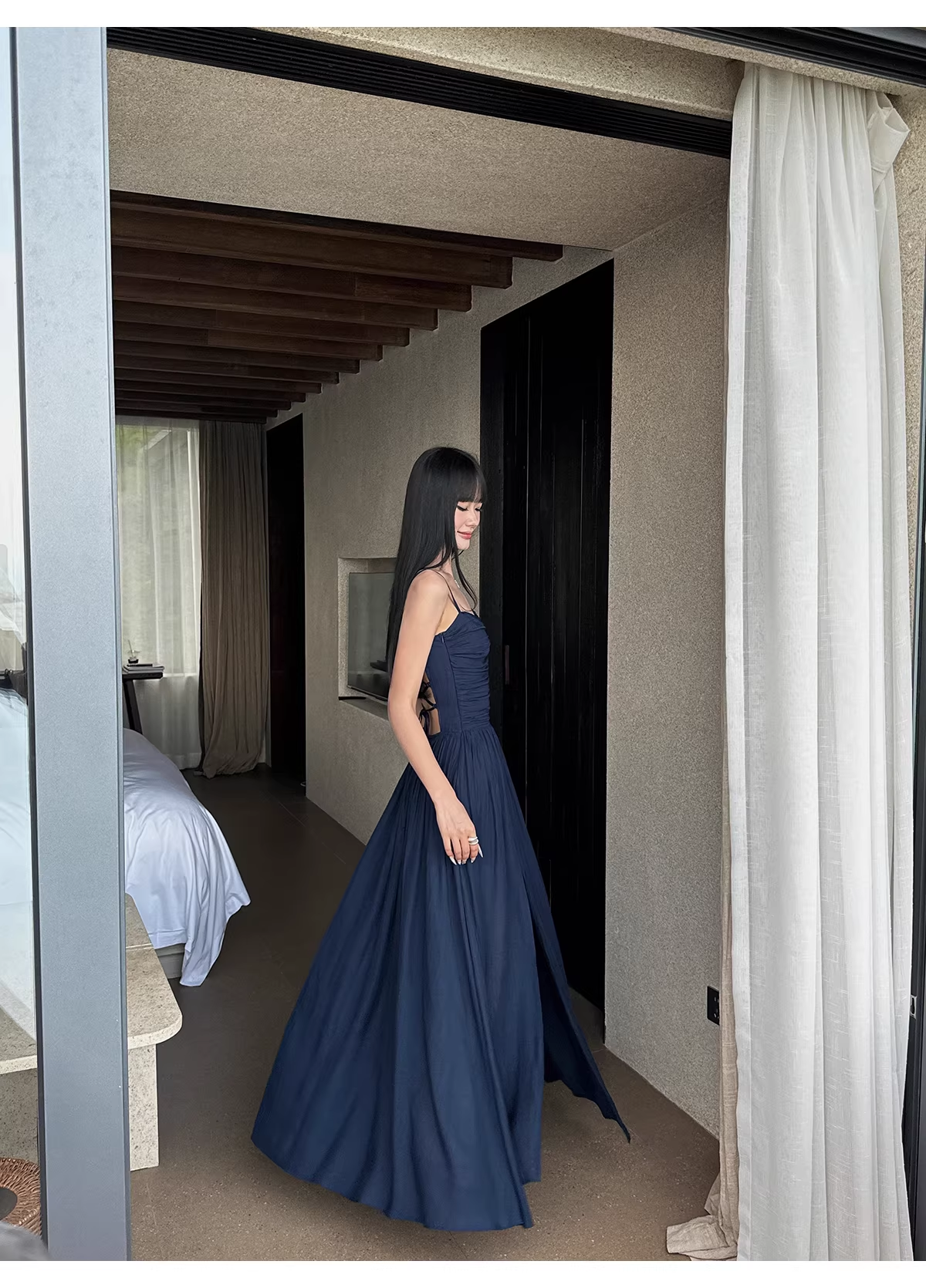 Elegant Spaghetti Straps Satin A Line Slit Evening Dress Navy Blue Long Birthday Party Dress With Pockets